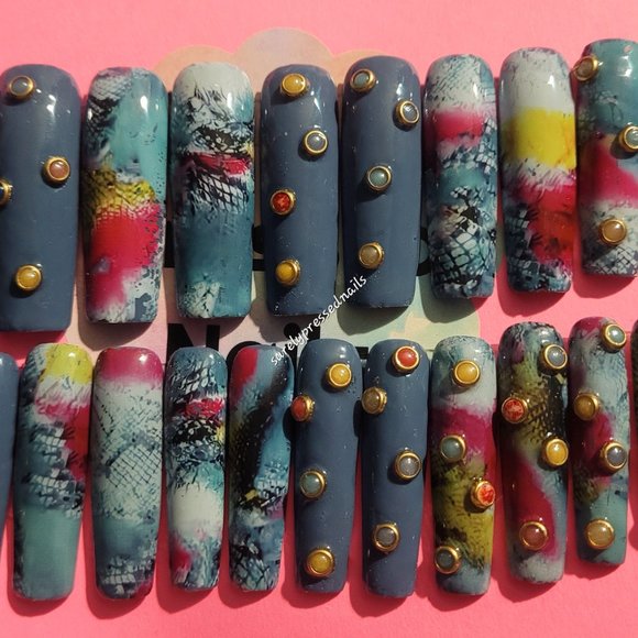 Navy Blue Abstract Rhinestone XL Square Press on Nails - Picture 2 of 3